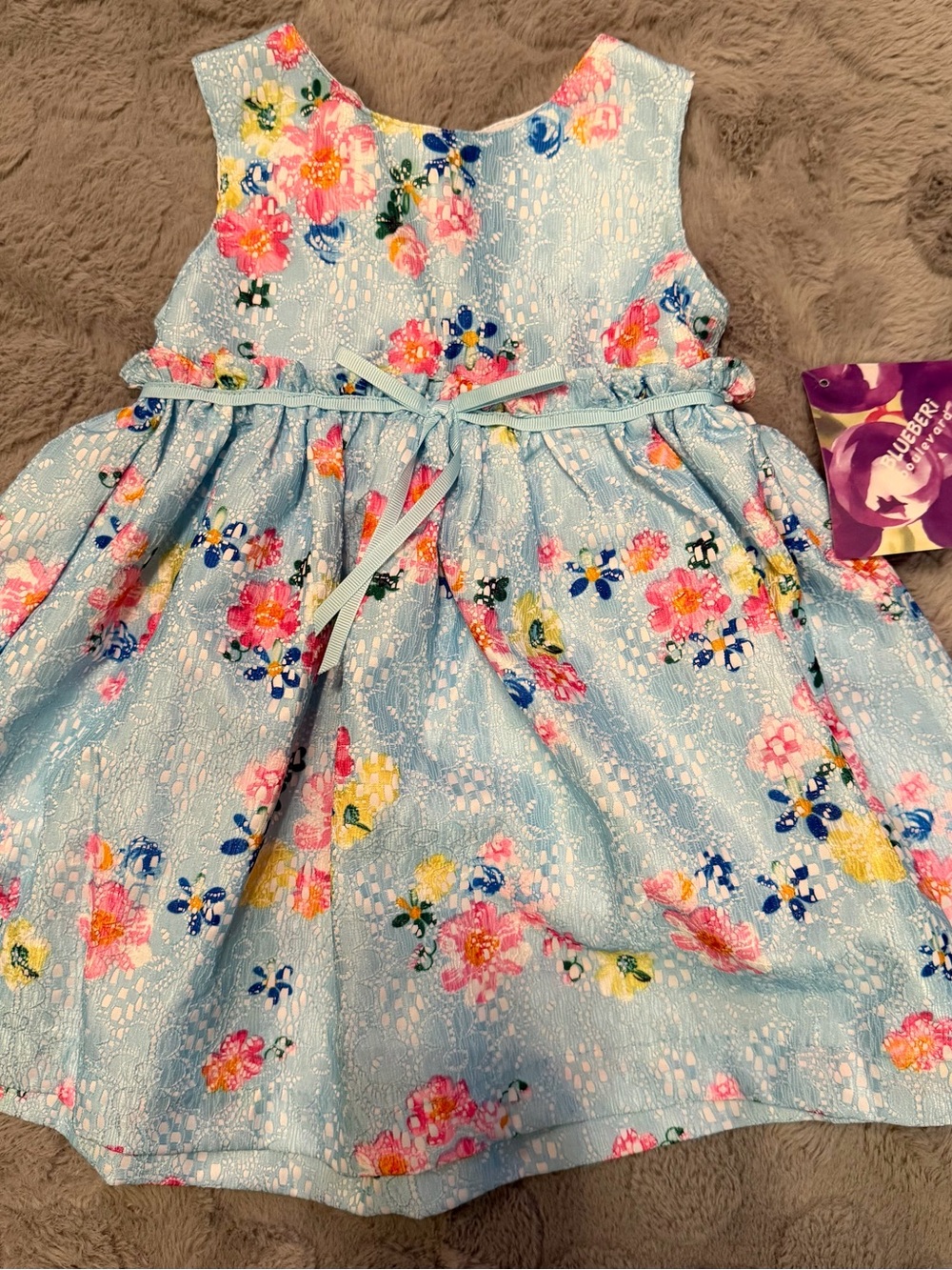 Blueberi boulevard Girls' Light Blue Floral Lace Dress with Ribbon Sz. 12 mo. Ne